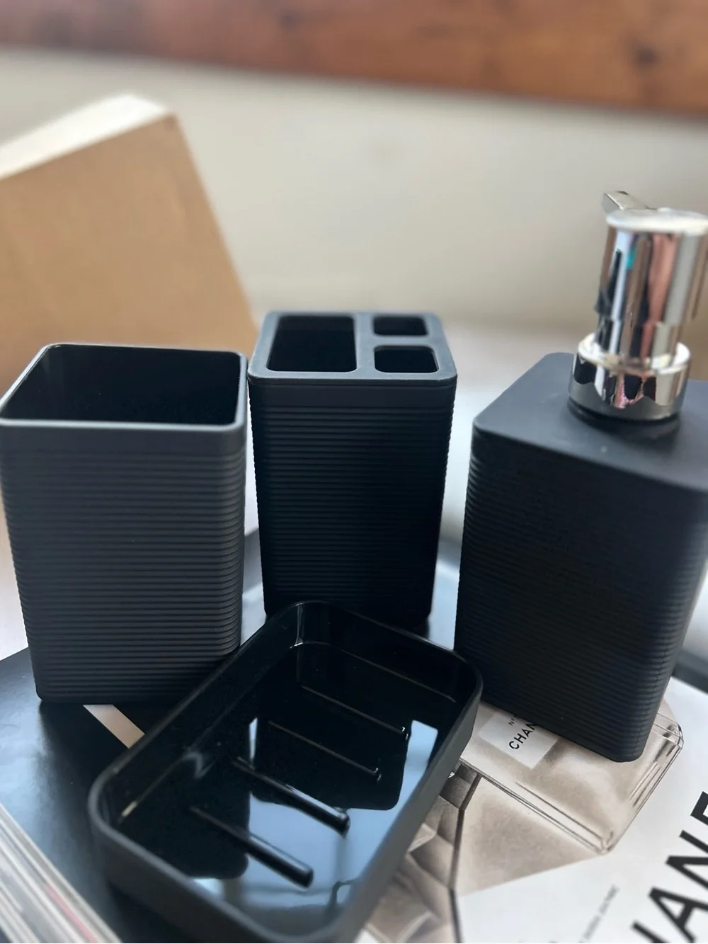 Black Ribbed Bathroom Accessory Set - 4 Piece